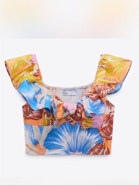 Zara Multicolor Floral Ruffle Crop Top - Blue, Orange, Pink, Brown, Green